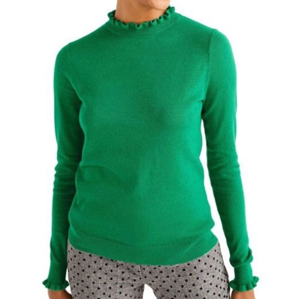 Boden Bernadette Ruffle Neck Sweater 2 Green Wool Cotton